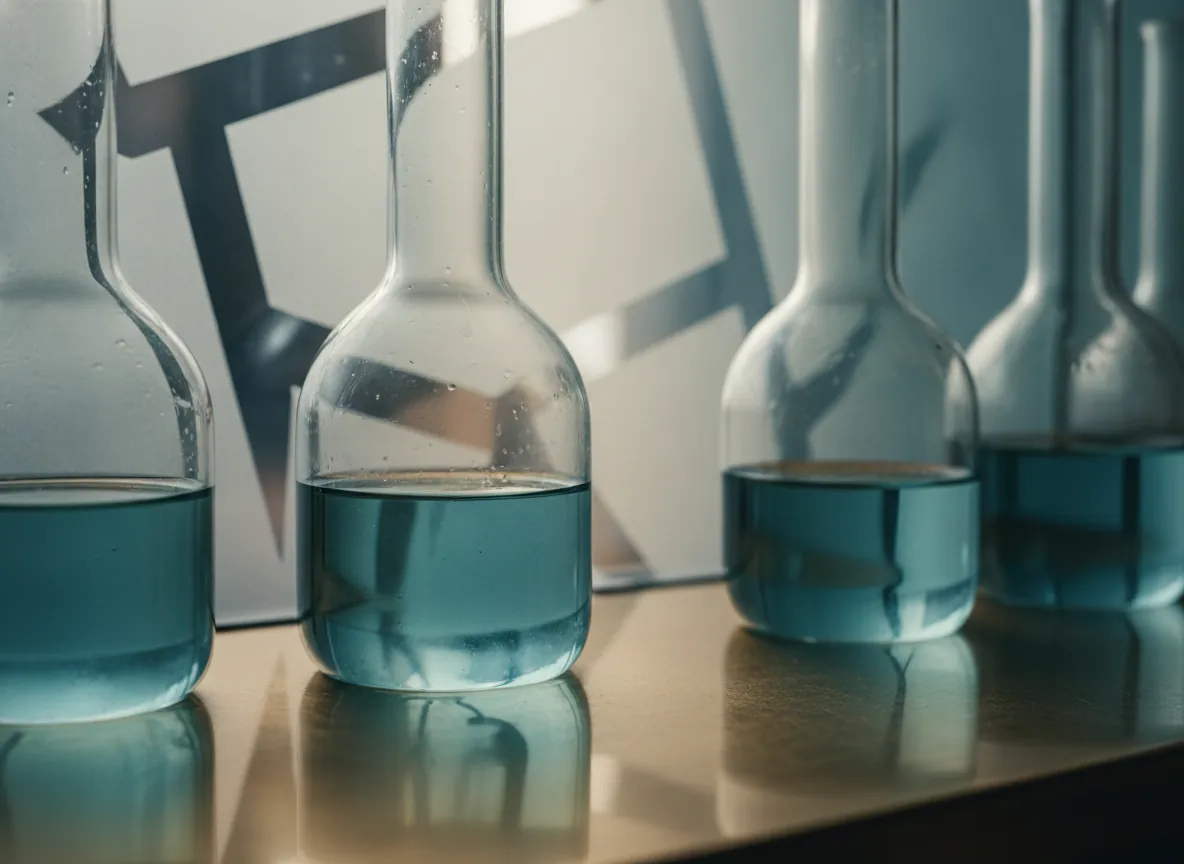 Teal light through glass laboratory flasks