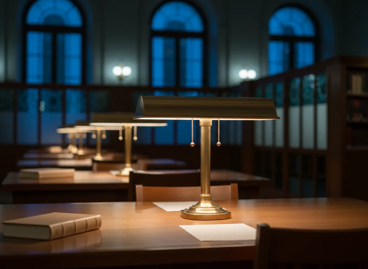 Brass reading lamps over library study tables