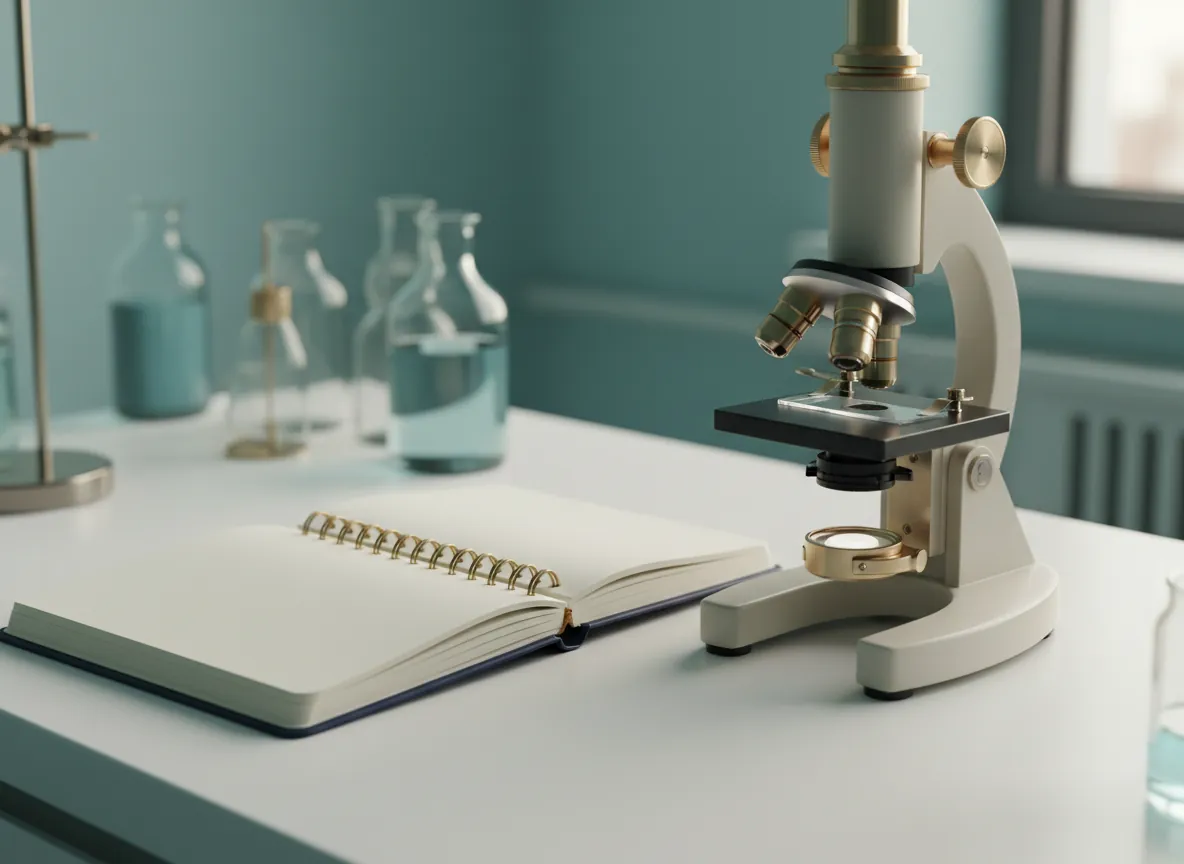 Open notebook beside a laboratory microscope