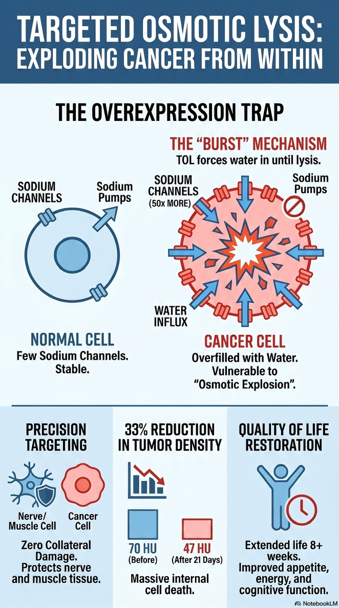Educational infographic titled The Overexpression Trap. Diagram comparing a normal cell with few sodium channels to a cancer cell with many more.