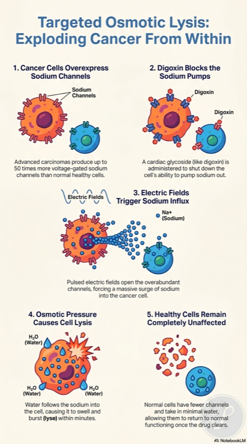 Targeted Osmotic Lysis 5-step mechanism infographic showing sodium channel overexpression, digoxin blocking pumps, electric fields triggering sodium influx, osmotic pressure lysis, and healthy cells unaffected