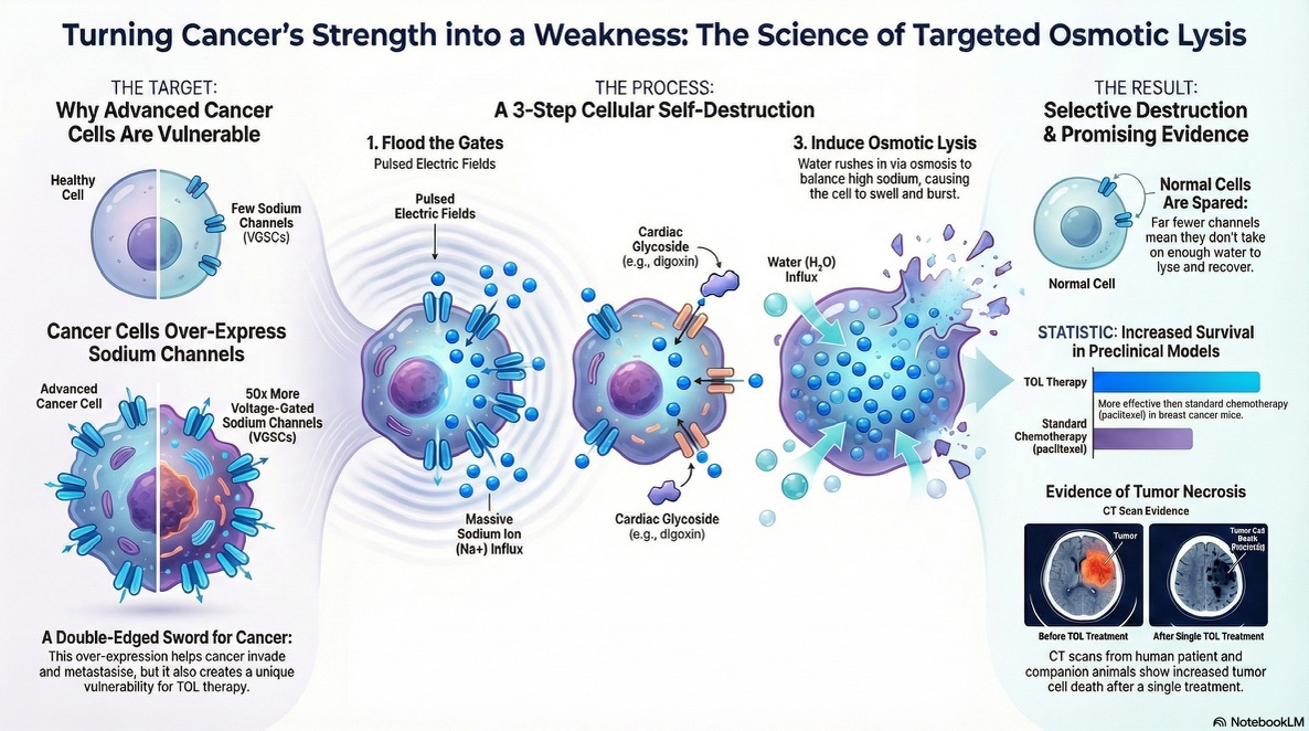 Educational infographic titled Turning Cancer's Strength into a Weakness: The Science of Targeted Osmotic Lysis.