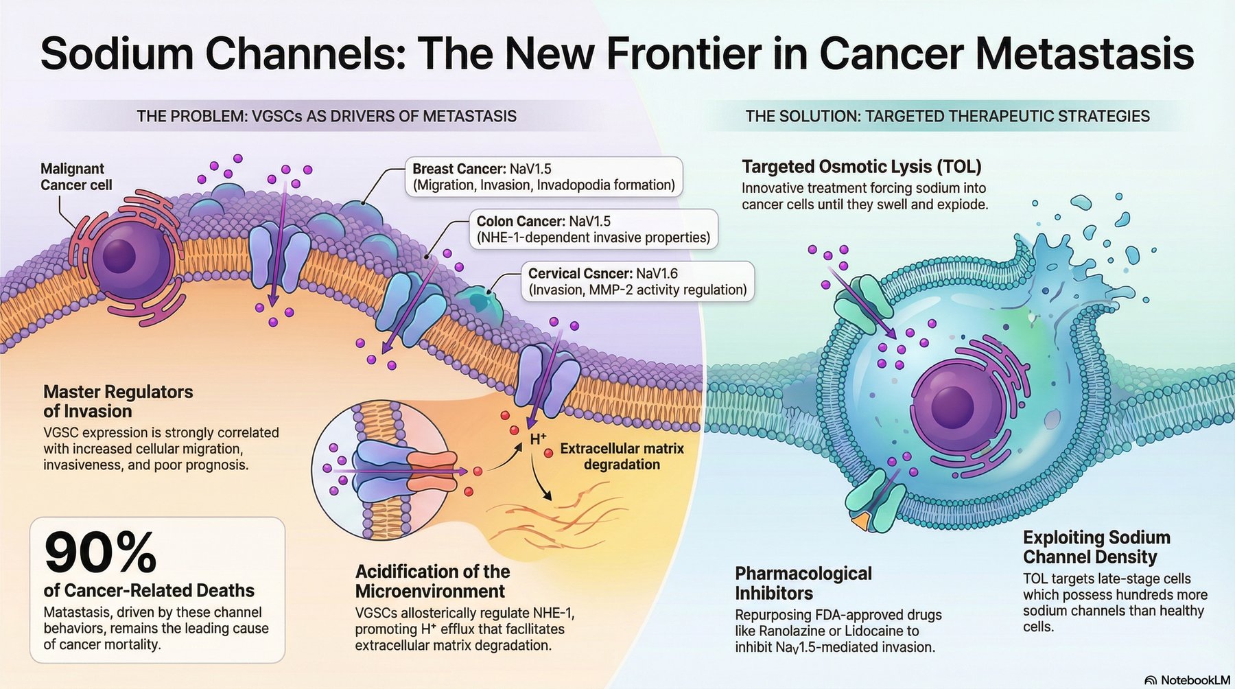 Sodium channels as the new frontier in cancer metastasis. NaV1.5 drives migration, invasion, and invadopodia formation in breast cancer. NaV1.5 drives NHE-1 dependent invasive properties in colon cancer. NaV1.6 drives invasion and MMP-2 activity regulation in cervical cancer. 90 percent of cancer-related deaths come from metastasis. Solutions include Targeted Osmotic Lysis, pharmacological inhibitors repurposing approved drugs, and exploiting sodium channel density.